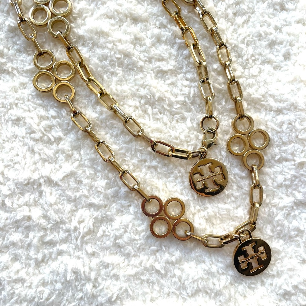 TORY BURCH Classic Logo Necklace Long Strand Gold Tone